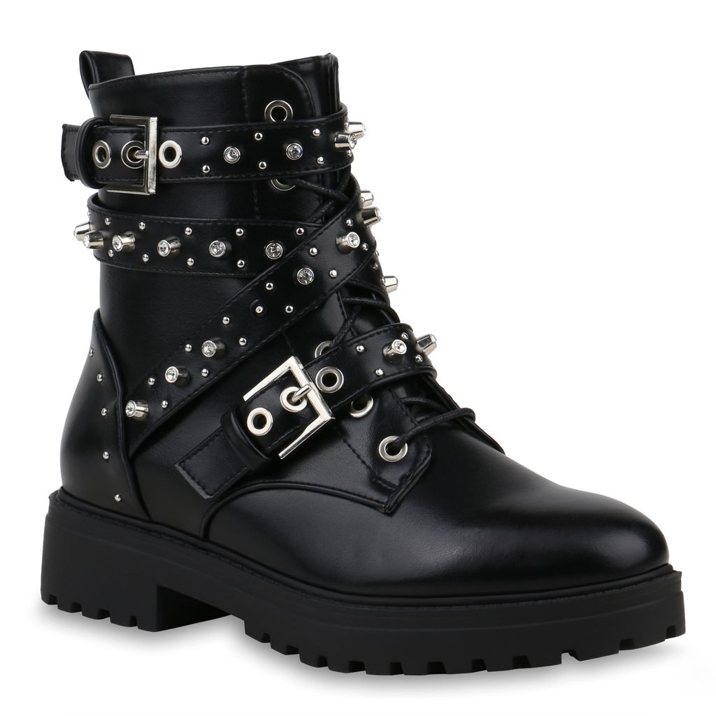 Damen Worker Boots Stiefeletten – Mit Profilsohle, Reißverschluss, Trendy