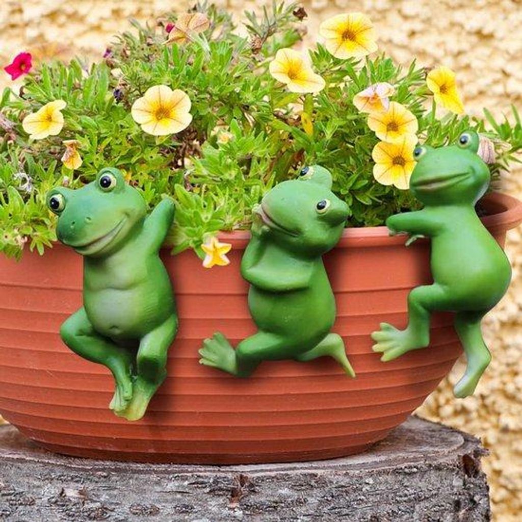 Kunststof Kikker Deko, 3 Stück Außen Dekoration, Hangende Kikker Deko für Balkon, Patio und Garten, Zink Tubs Pflanztopf