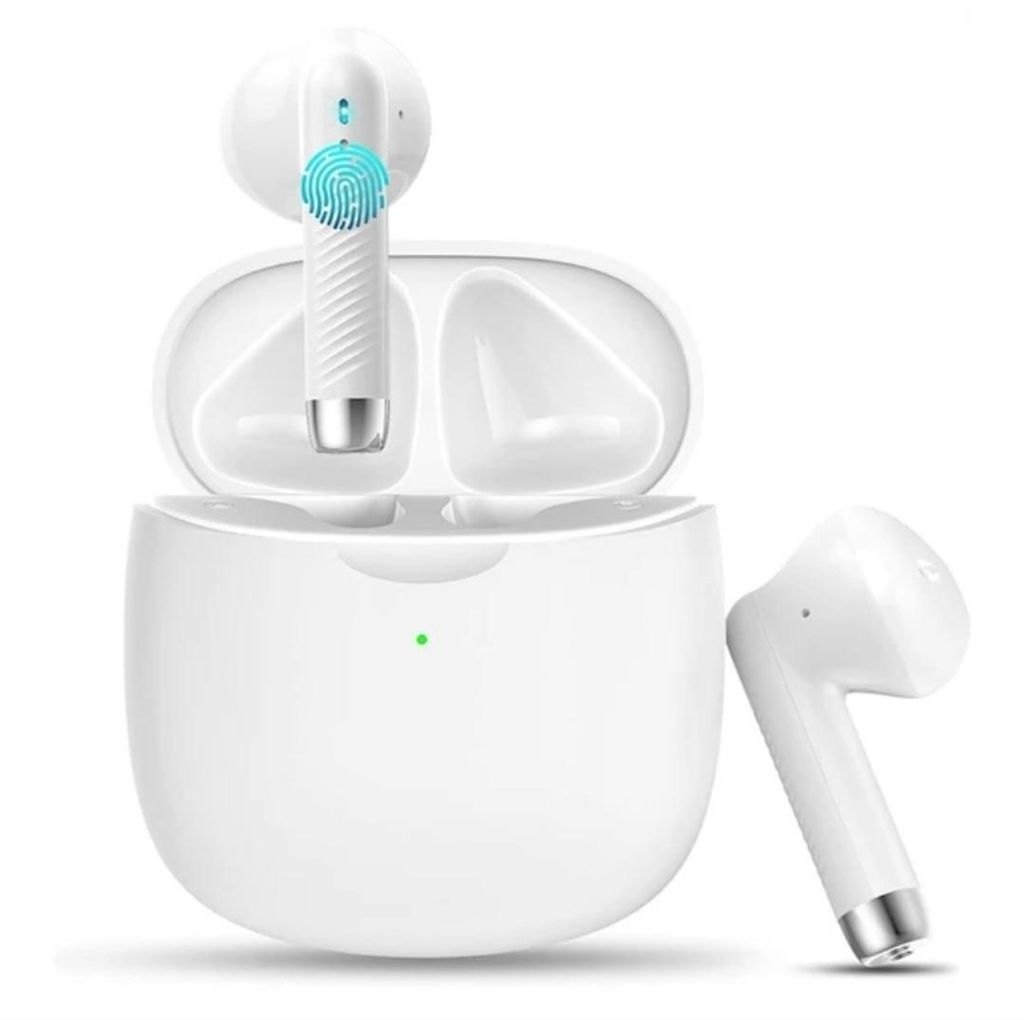 A pair of white wireless earbuds with their charging case, with one earbud outside the case.