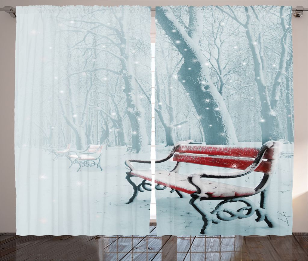 ABAKUHAUS Winter Rustikaler Vorhang, Snowy Bench Misty Pfad, Wohnzimmer Universalband Gardinen mit Schlaufen und Haken, 280 x 245 cm, Weiß