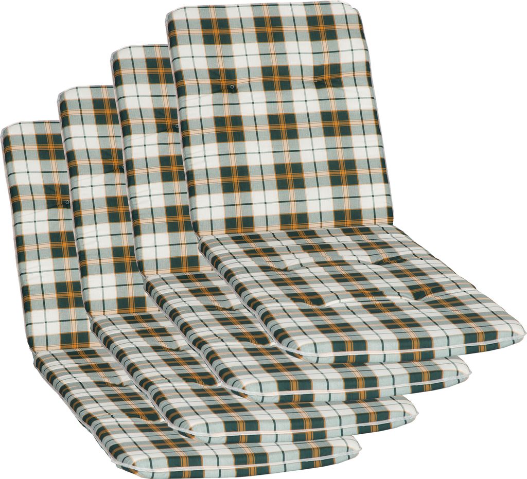 NYVI Liegenauflagen Hawaii 4er Set - 193x60 cm Grün Orange Weiß Kariert - Gartenmöbel Auflage mit 5 cm Polster und Gummi-Halteband