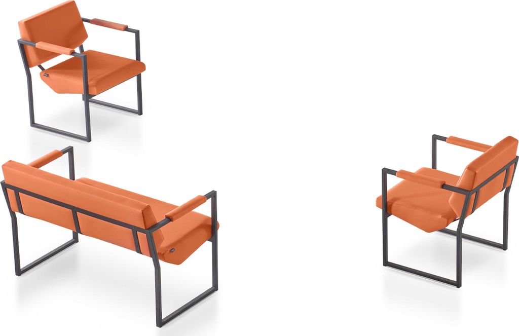 Orange Kunstleder Bürogarnitur Designer Leder Dreisitzer 2x Sessel 3tlg