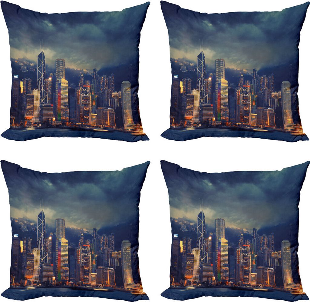 ABAKUHAUS Stadtansicht Kissenbezug Set (4 Stück), Hong Kong Stadtbild, Moderner Doppelseitiger Digitaldruck, 60 cm x 60 cm, Mehrfarbig