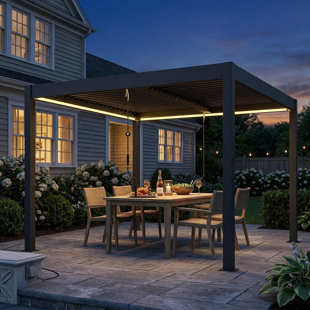Pergola 3x3 m Aluminium, Terrassenüberdachung Lamellendach, verstellbar LED-Beleuchtung Fernbedienung, Dunkelgrau | 300x300x250 cm | 39,5 kg