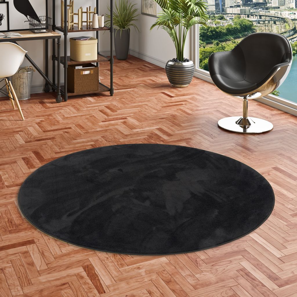 Luxus Super Soft Hochflor Langflor Teppich Melia Schwarz Rund, Größe:120 cm Rund