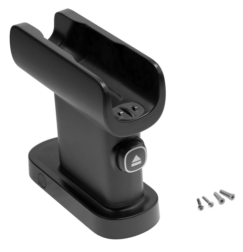 A black vacuum cleaner wall mount and screws are shown against a white background.