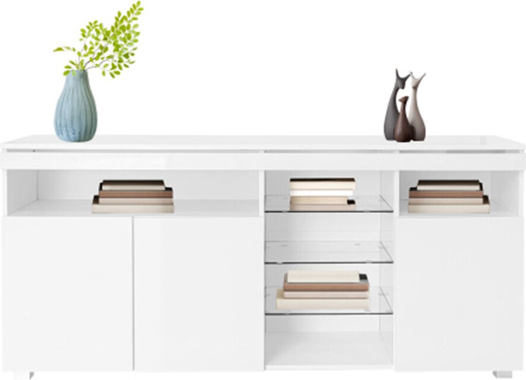 Sideboard, Kommode Hochglanz-Sideboard mit Glasböden und Lichtleiste, drei große Stauraumtüren