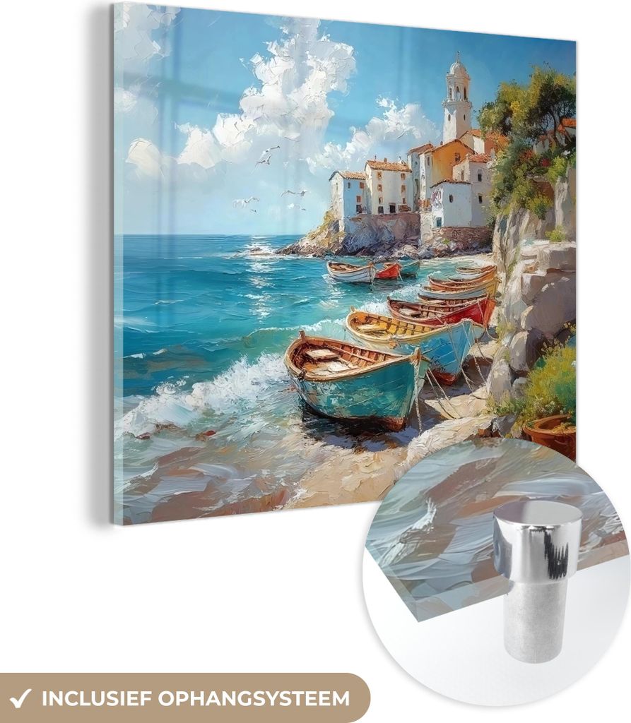 MuchoWow Glasbilder - Bilder auf Wandbild - Foto auf Glas Boote - Felsen - Meer - Sonne 40x40 cm Wanddekoration aus Glas - Acrylglasbild - Acrylbilder