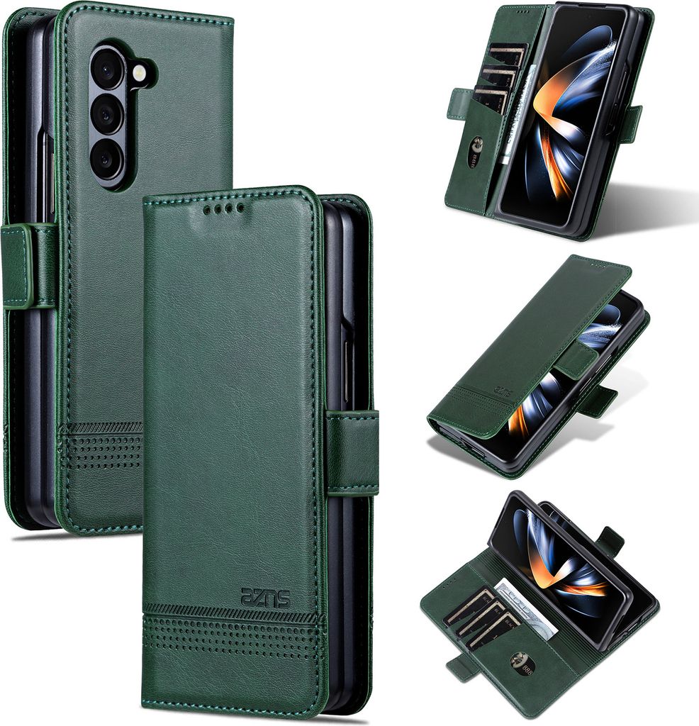 Leder Hülle für Samsung Galaxy Z Fold6, Klapphüllen Brieftasche Magnetverschluss Schutzhülle Grün