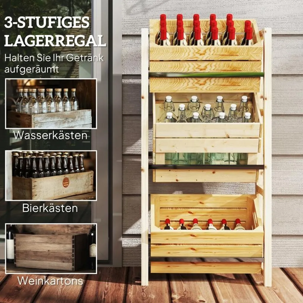 Fortuna Lai Scaffale per 3 casse di bevande Scaffale per bevande in legno Scaffale a 3 ripiani indipendente Supporto per casse di bevande con portata 150 kg Scaffale per birra, acqua 56 x 32 x 112 cm Legno naturale - 4