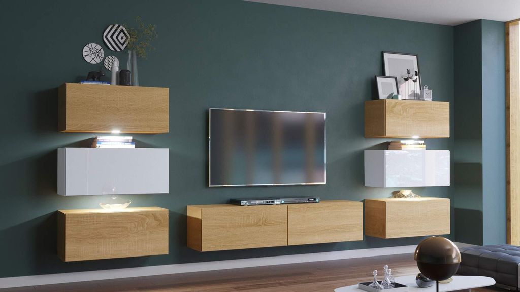 Furnitech Wohnwand Wohnzimmer | Wohnzimmer Möbel mit LED Weiß | Hängend Wohnwand Modern | Wohnzimmer Schrankwand mit Regale und TV Schrank (Henr...