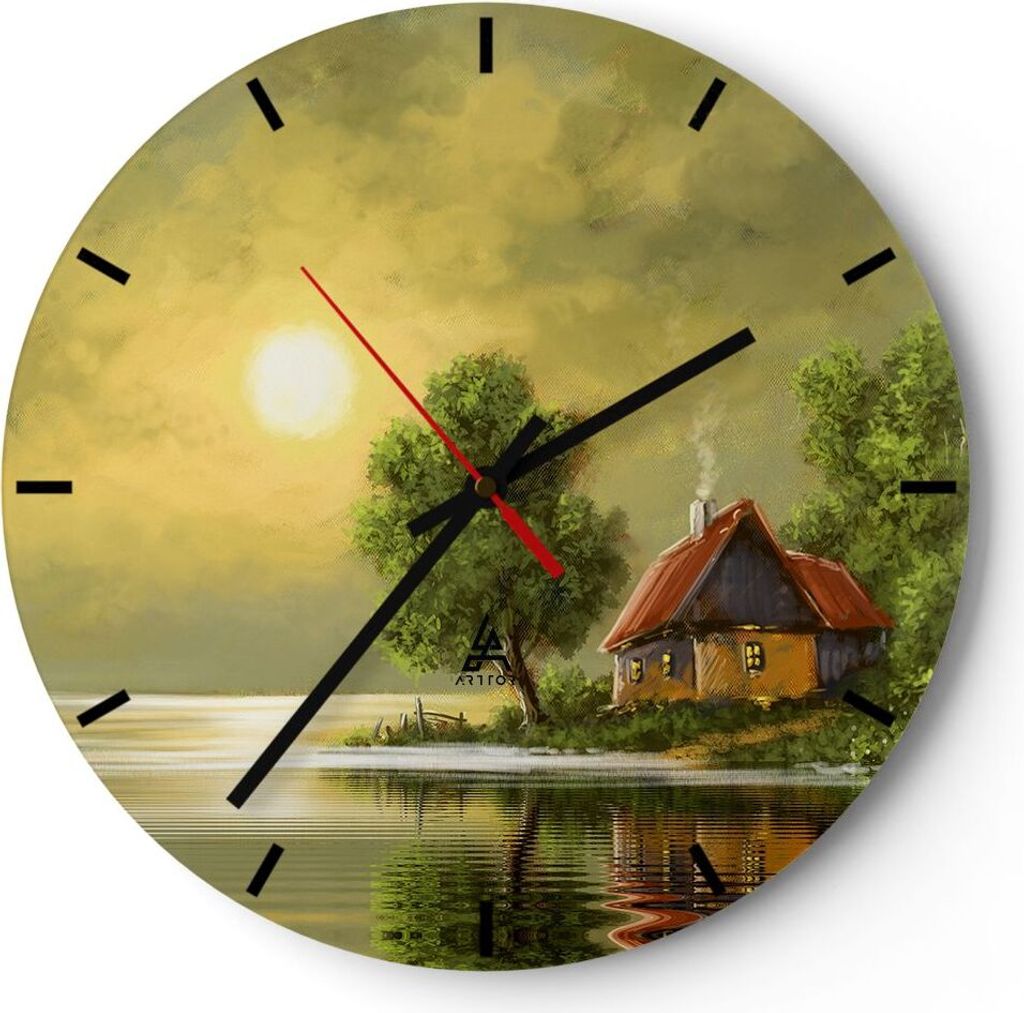 Wanduhr - Rund - Glasuhr - Boot Wasser Hütte - 30x30cm - Schleichendes Uhrwerk - Lautlos - zum Aufhängen bereit - Dekoration Modern - Wanddekorat...