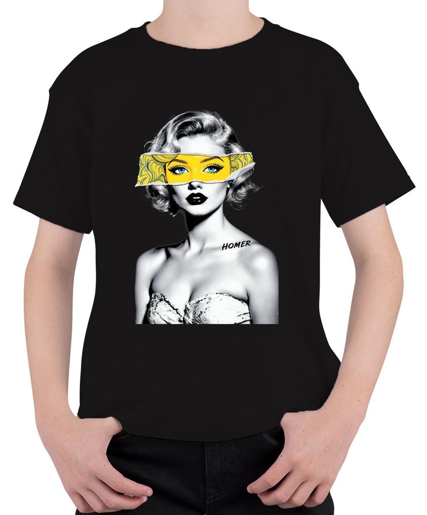Pop Art HOMER Blonde Frau Gelbe Augenmaske Blaue Augen Retro Uni Kinder T-Shirt, Schwarz, 140