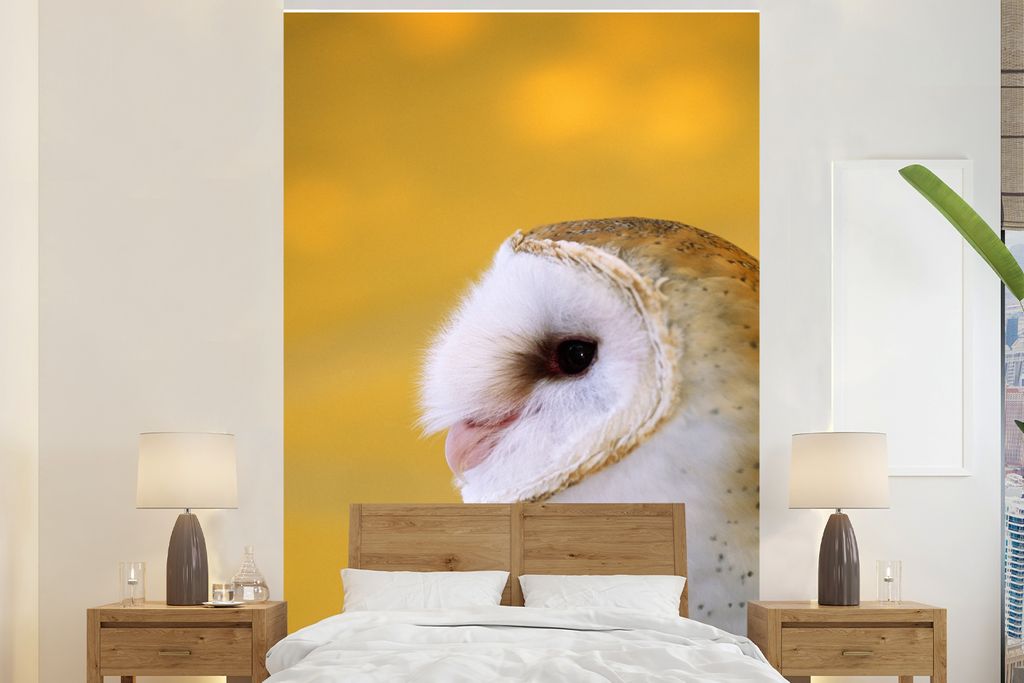 MuchoWow Fototapete für Wohnzimmer oder Schlafzimmer Wandtapete Vinyl Motivtapete Eule - Gelb - Tier - 195x300 cm - Das Hintergrundbild