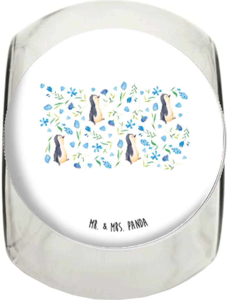 Mr. & Mrs. Panda Bonboniere Pinguinliebe Design XL 2000ml - Weiß - Geschenk, Blaue Blumen, Pinguin, Vorratsglas, Aquarell, Kaffeedose, Bonbonglas,...
