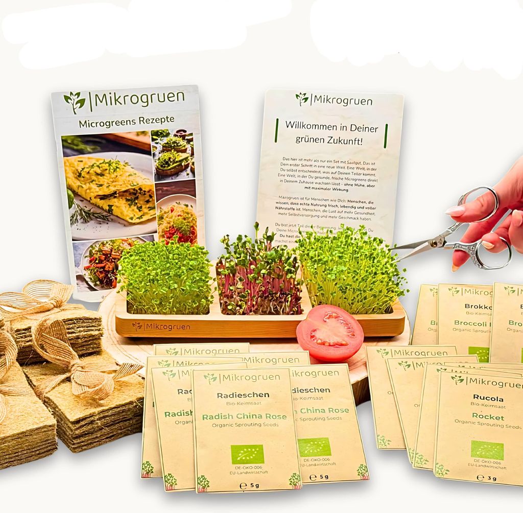 Microgreens Anzuchtset – Ahorn Echtholz – Komplettset mit Keimsaat, Hanfmatten & Rezeptheft – Perfekt für Küche & Fensterbank