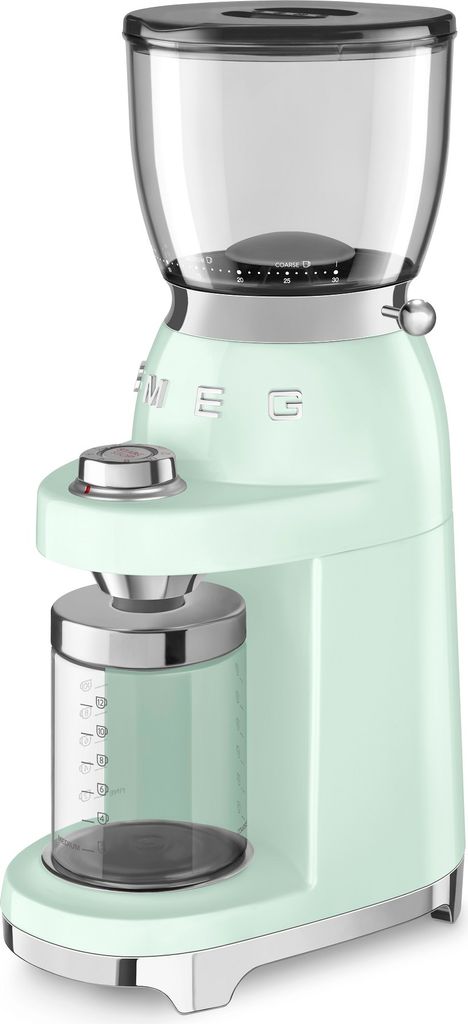A pastel green Smeg coffee grinder is shown against a white background.