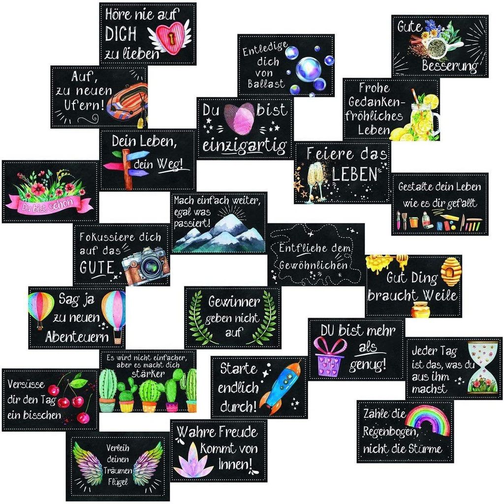 24 Mini Sprüche Karten 8,5 x 5,5 cm in schwarz bunt Produktbild 