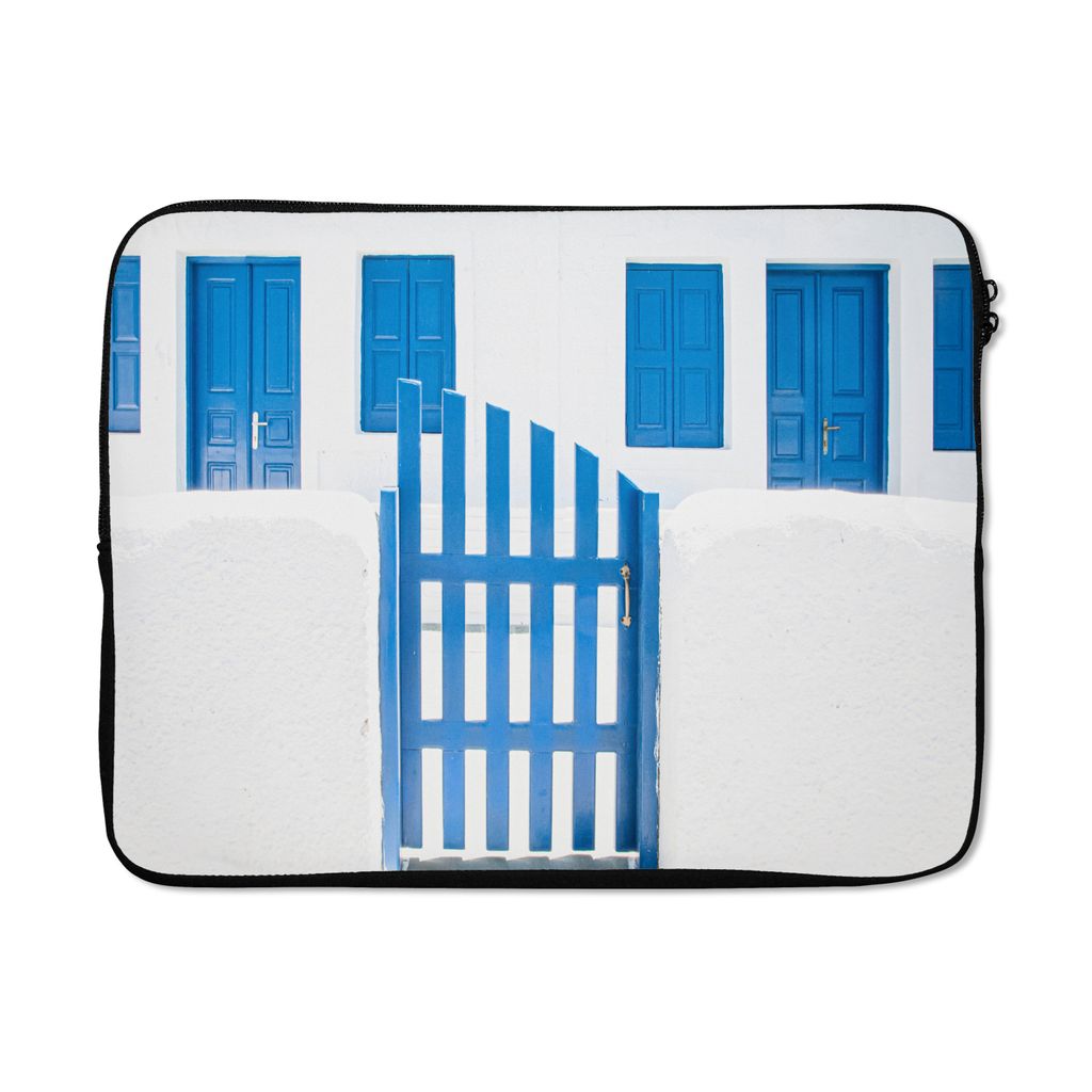 MuchoWow Laptop Hülle 17 Zoll Laptoptasche Architektur - Zaun - Weiß - Blau - Türen - Zipper - Schutzabdeckung