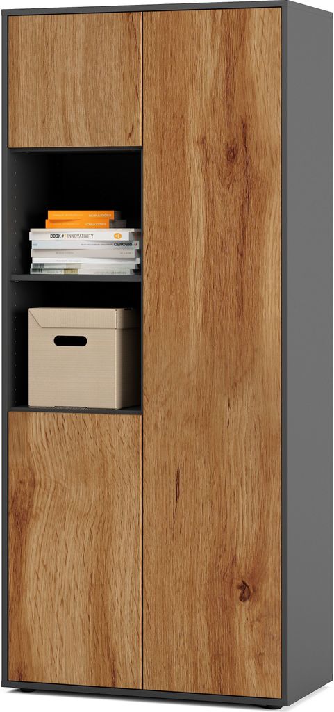 SIMPLYFURN Büroschrank Amira T20, Schrank mit zwei offenen Fächern, Anthrazit & Eiche Wotan, Push-to-Open, 180x80x40 cm, Aktenschrank für Büro ...