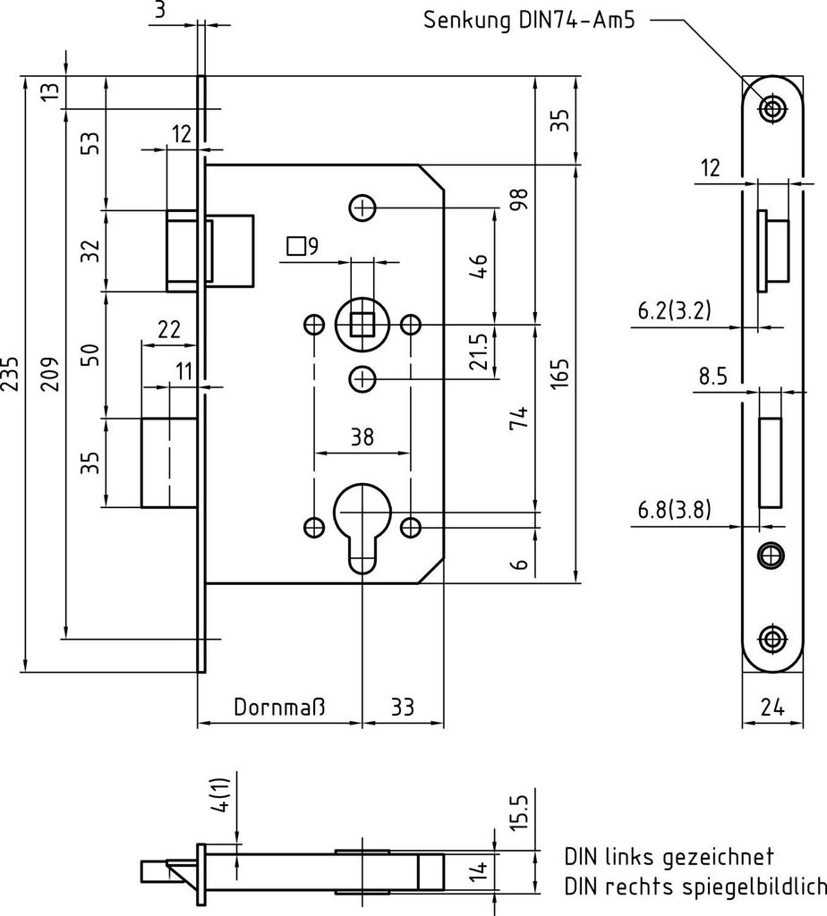 BMH Einstemmschloss 1000 Rundzylinder mit Wechsel, links, Stulp 24 mm,Edelstahl