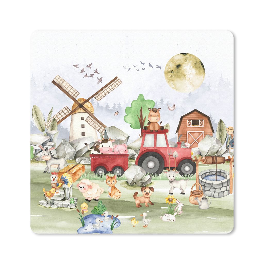 MuchoWow Mauspad Mousepad Bauernhof - Traktor - Kinder - Tiere 20x20 cm - Mousepads - Maus Mat - Pad - Mausunterlage - Desk Mat - Bureauartikeln