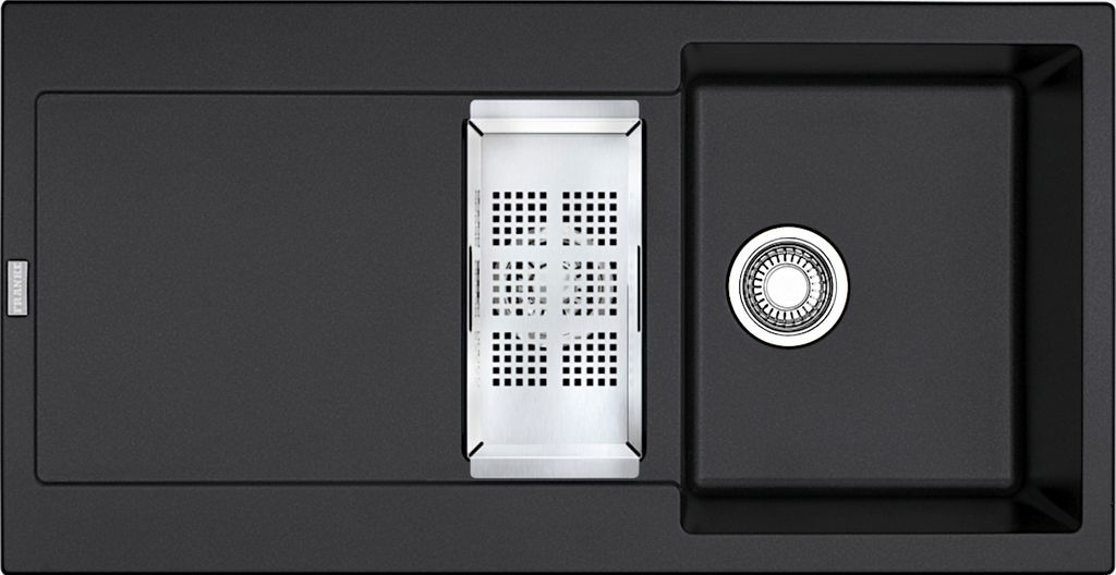 A top-down view of a black kitchen sink with a drainer and a silver drain cover.