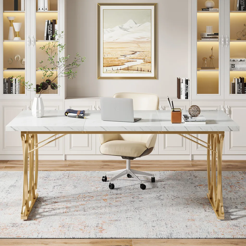 Table salon rectangulaire blanche et or 160 x 80 cm, design chic - 8