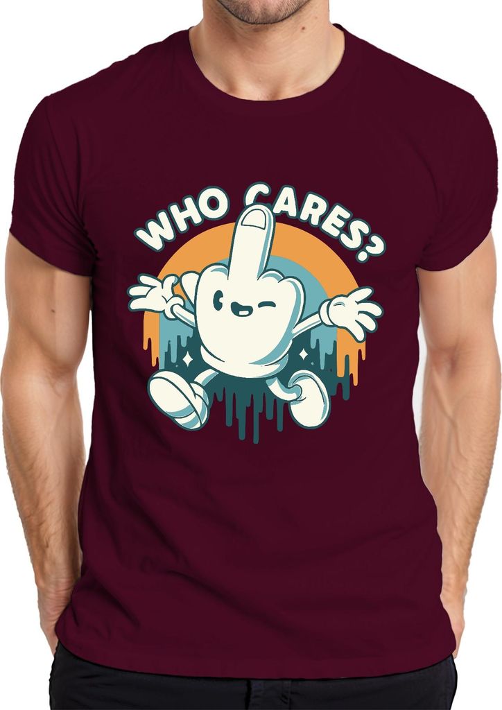 Who Cares Mittelfinger Cartoon frech Retro Vintage 90er Skater Herren T-Shirt, Burgundy, S