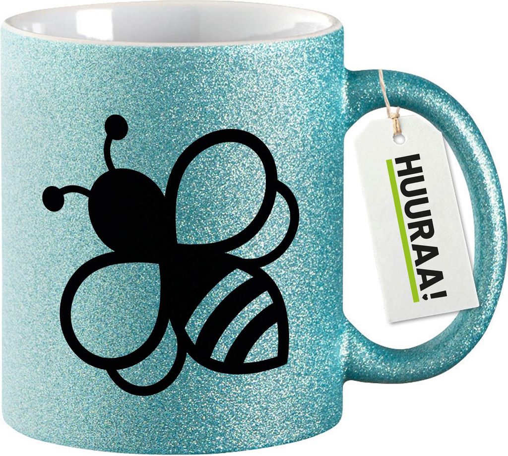 Huuraa Glitzertasse Biene Silhouette 330ml Blau Keramik Kaffeebecher Geschenkidee