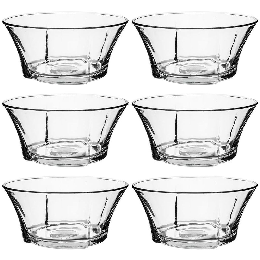 A set of six clear glass bowls arranged in two rows of three.