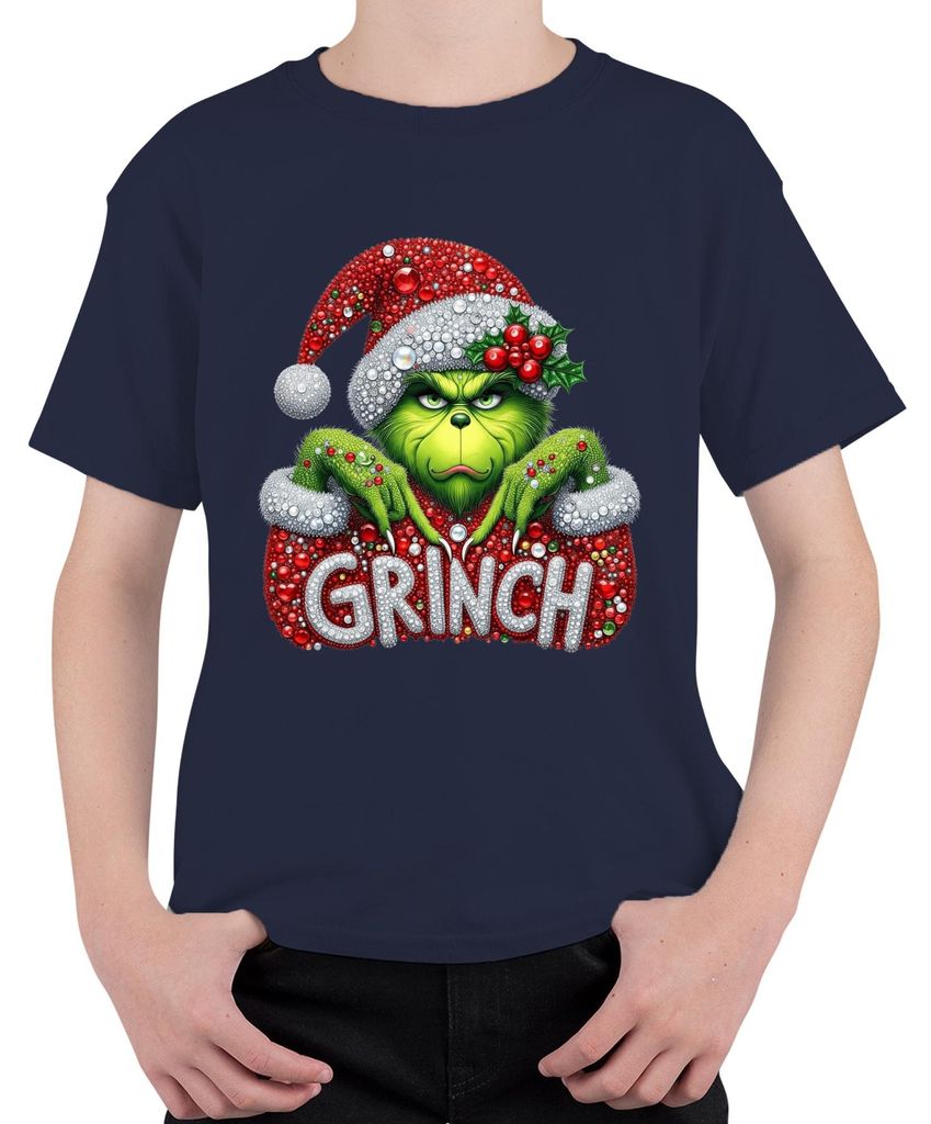 GRINCH Weihnachten Strass Glitzer Optik Weihnachtsgeschenk Uni Kinder T-Shirt, Navy, 128