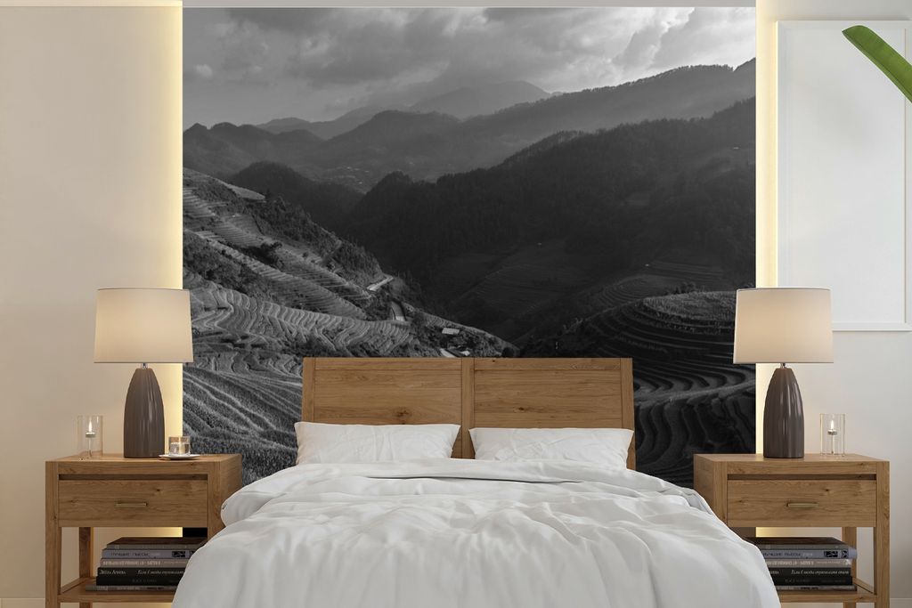 MuchoWow Fototapete für Wohnzimmer oder Schlafzimmer Wandtapete Vinyl Motivtapete Indonesien - Natur - Schwarz - Weiß - 280x280 cm - Hintergrun...