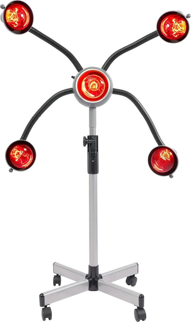 Infrarot-Wärmelampe - Standgerät mit 5 Köpfen für Haartrocknung/Wärmetherapie - 750 W - 40–80 °C - 4 Rollen - Salon & Friseur - Silber