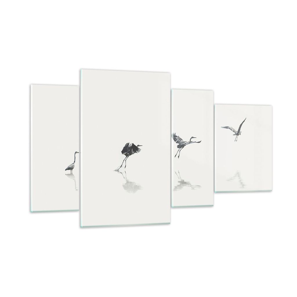 Bilder auf glas - 4 Teile - Flug Vogel Reiher - 120x70cm - Glasbilder - Wandbilder - Bilder - zum Aufhängen bereit - Wanddekoration aus Glas - Gla...