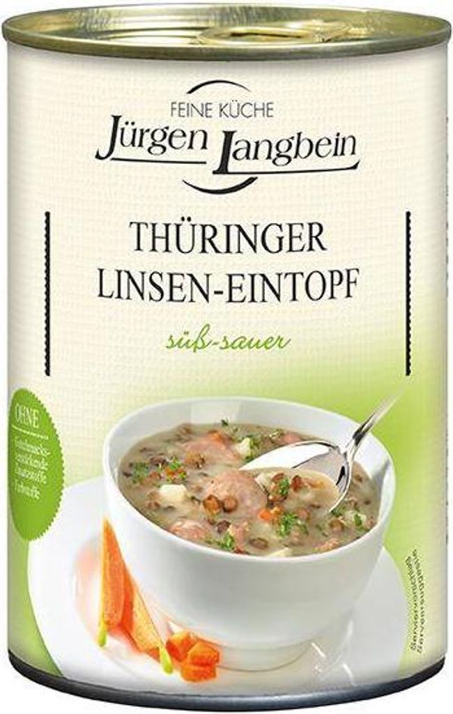 Jürgen Langbein Thüringer Linsen-Eintopf 400 G Dose Süß-sauer im Geschmack Lactosefrei Ohne Farbstoffe Ohne geschmacksverstärkenden Zusatzstoffen