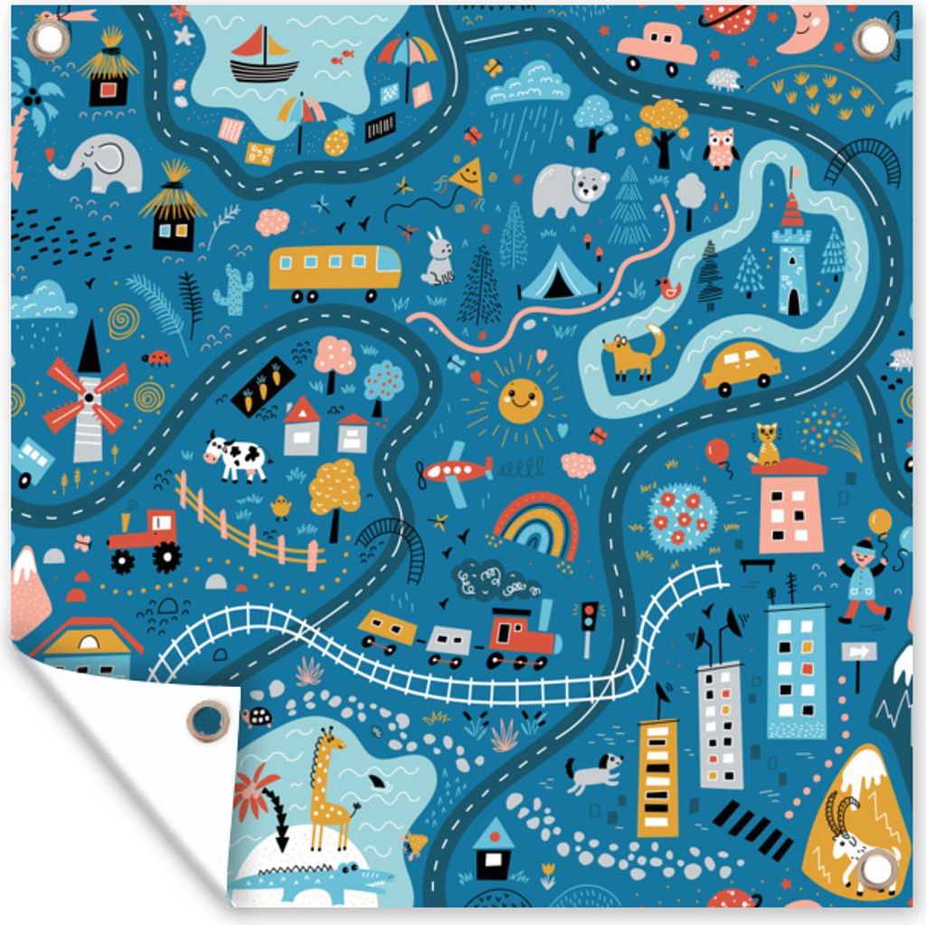 MuchoWow 100x100 cm Outdoor-Poster Gartendeko Sichtschutz Garten Poster für den Garten Kinder - Auto - Tiere - Blau