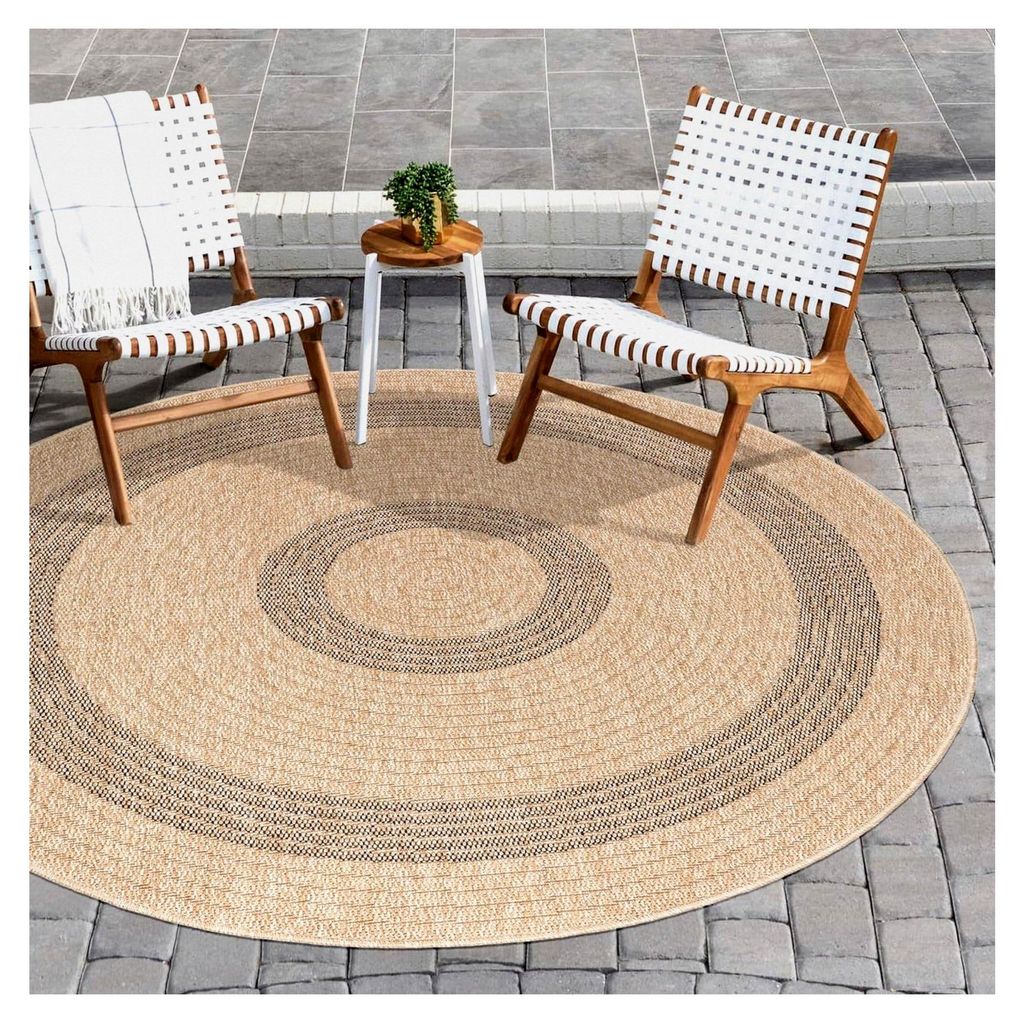 Wetterfester Outdoor Teppich 80 cm Rund in Sisal- und Jute-Optik - Ideal für Balkon, Garten, Terrasse und als Küchenteppich - Waschbar, Wasserfes...