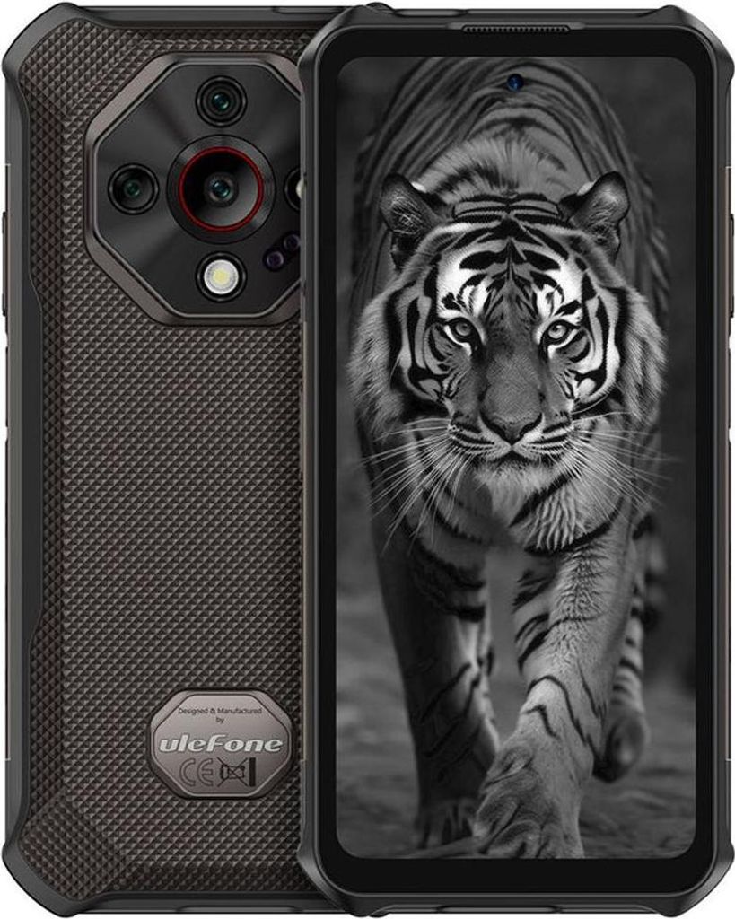 A rugged smartphone is shown from the front and back, with a tiger image on the screen.