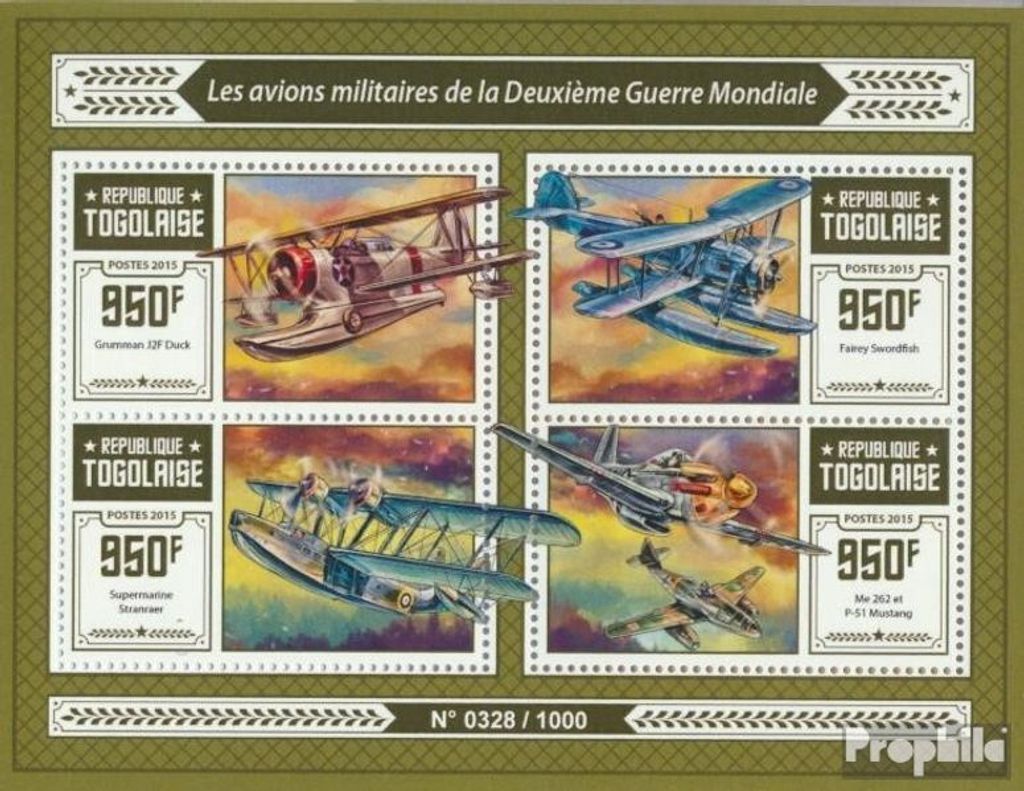 Briefmarken Togo 2015 Mi 7135-7138 Kleinbogen (kompl. Ausgabe) postfrisch Flugzeuge des Zweiten Weltkriegs