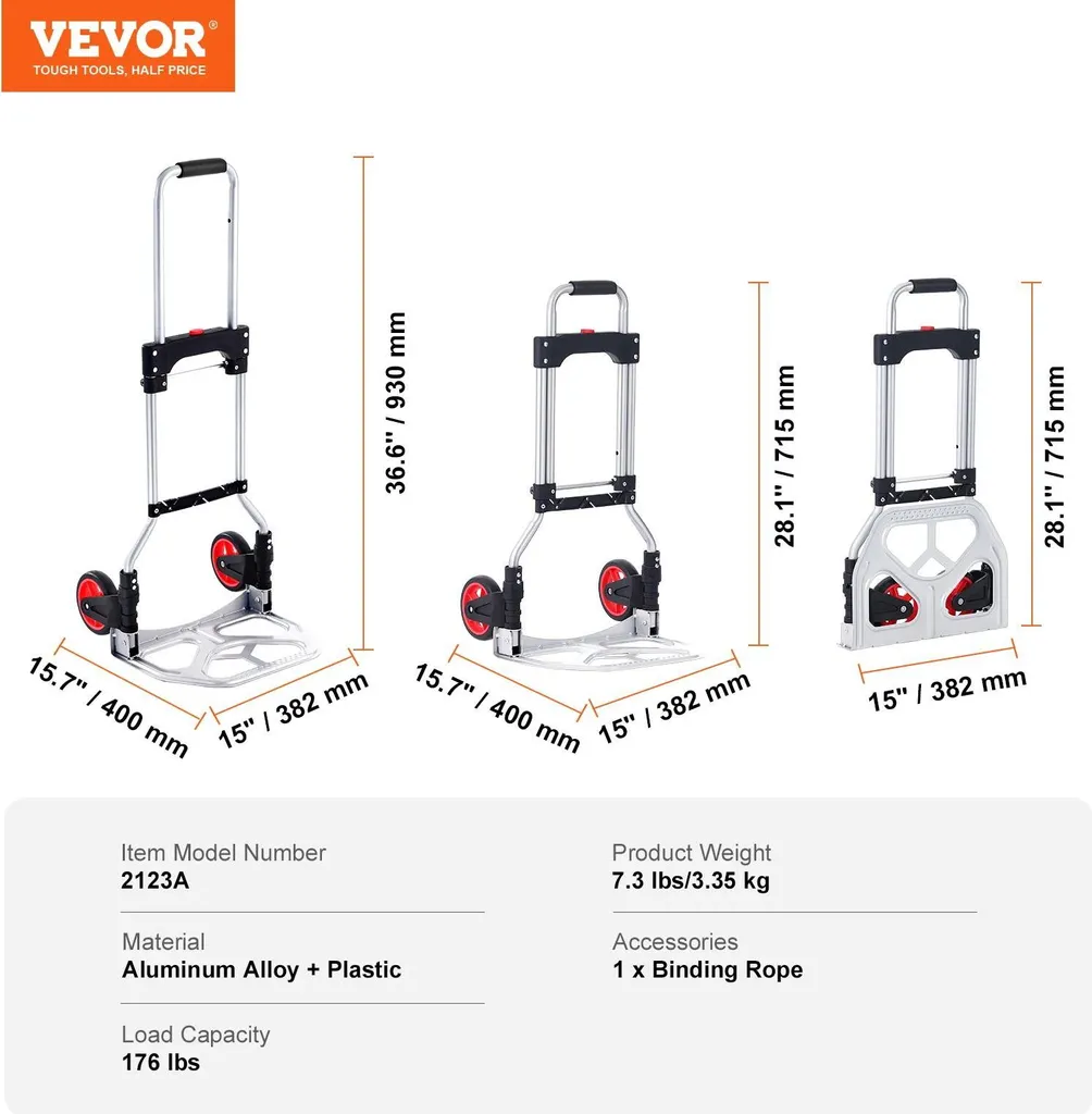 Chariot pliable pour courses et déménagement, alu léger 176 livres