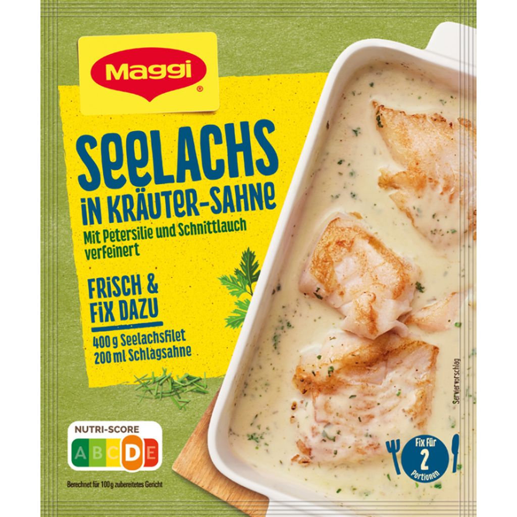 A package of Maggi Fix for pollock in herb cream sauce, with a picture of the prepared dish.