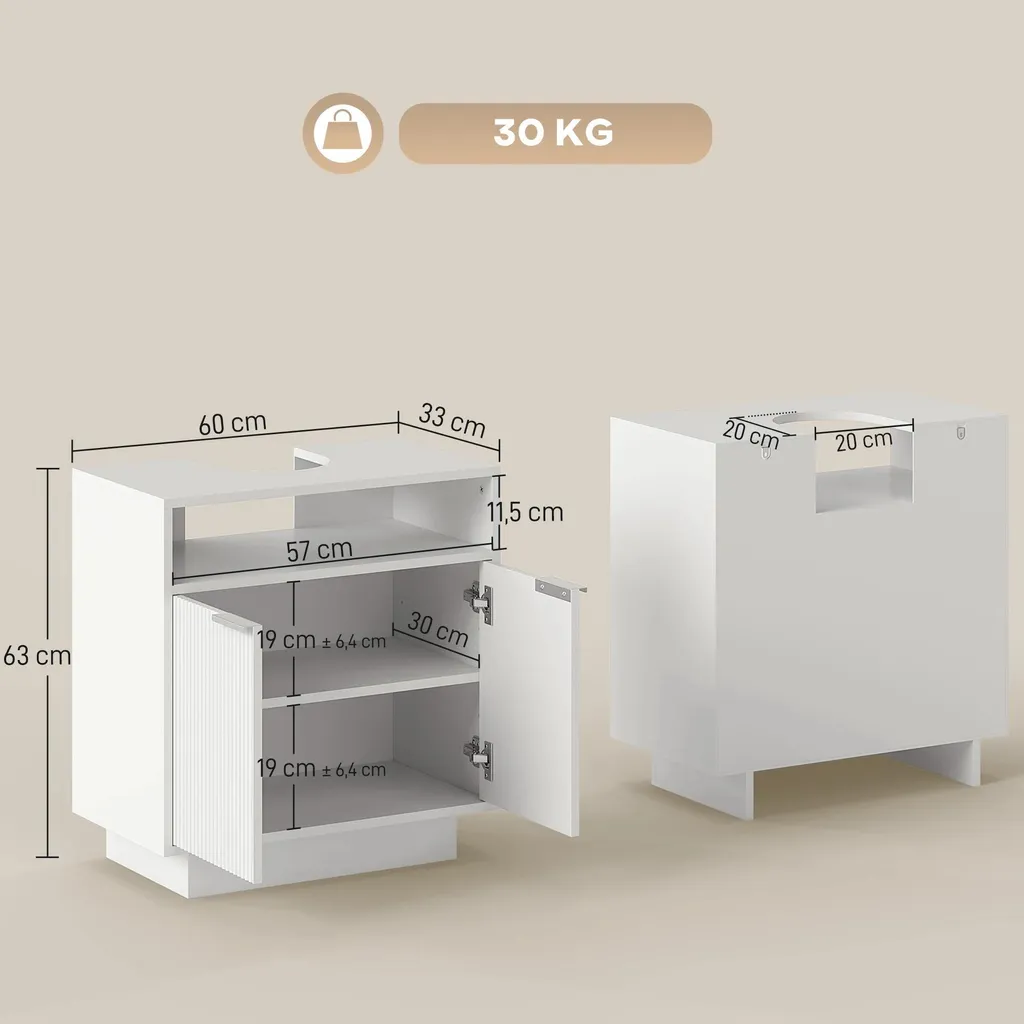 Meuble vasque à portes striées blanches avec compartiment de rangement