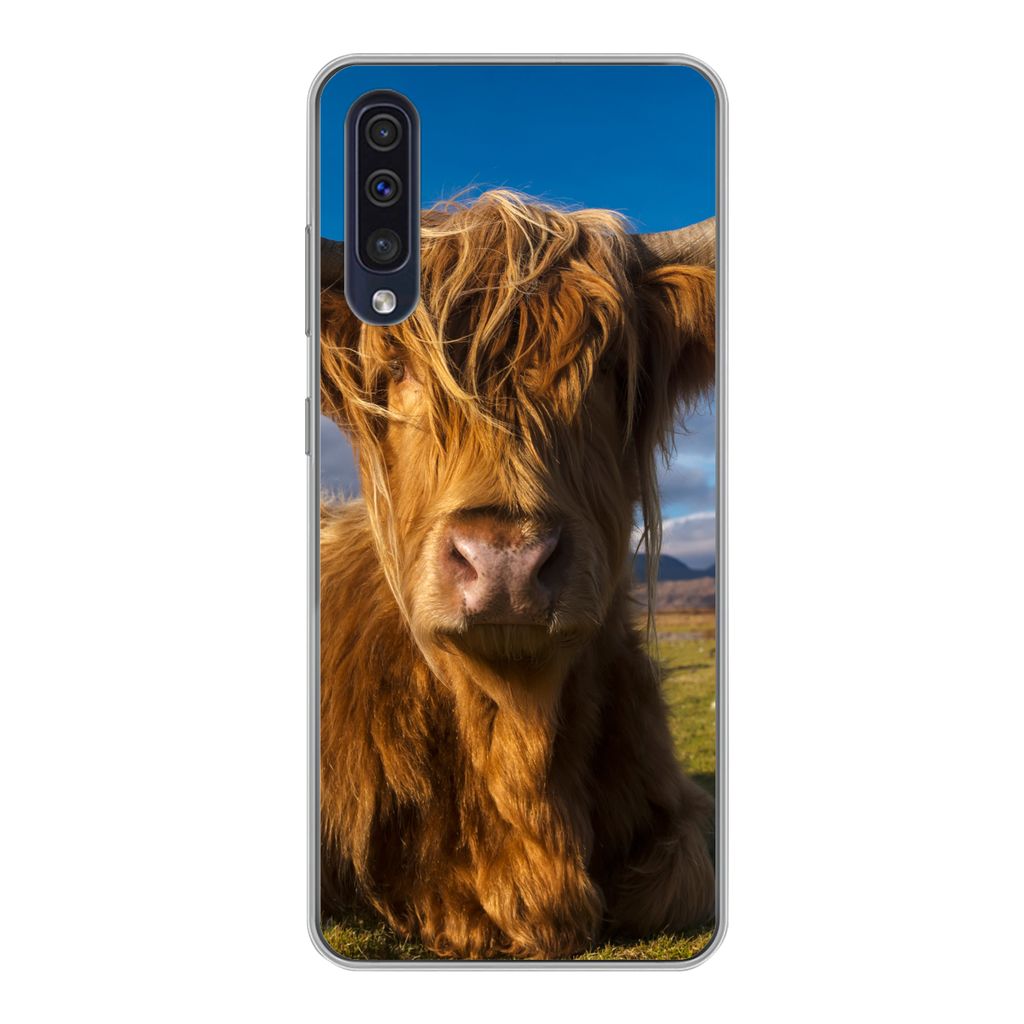 MuchoWow Handyhülle Schutzhülle Hülle für Samsung Galaxy A30s Schottische Highlander - Tiere - Gras Silikon Softcase Handy Hülle - Karteninh...