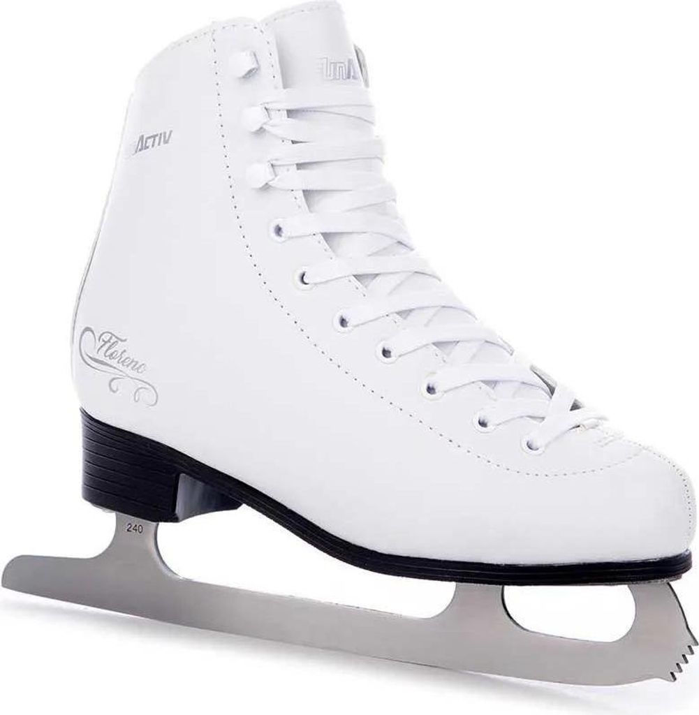 A white figure skate with a silver blade is shown against a white background.