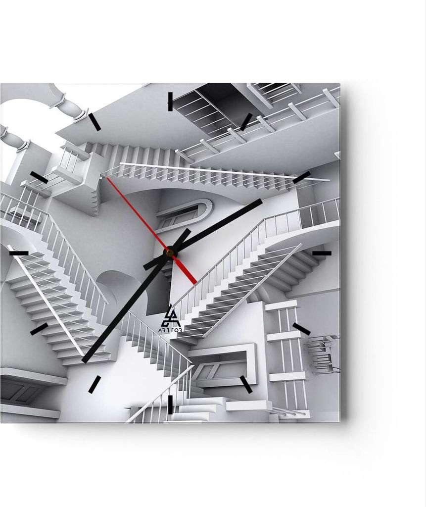 Wanduhr - Quadrat - Glasuhr - Wissenschaft Illusion Treppen - 30x30cm - Schleichendes Uhrwerk - Lautlos - zum Aufhängen bereit - Dekoration Modern...