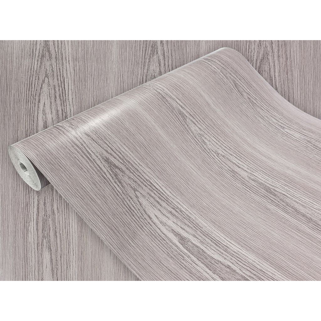 A roll of wood-grain patterned wallpaper is shown, with the roll partially unfurled.