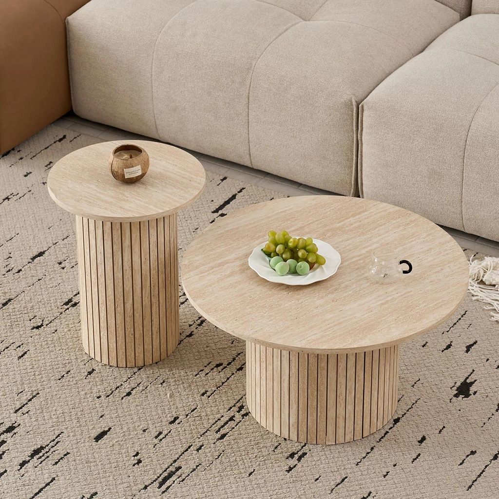 Runde Couchtische aus Holz - 2er Set Satztische - Skandinavisches Design - Moderner Stil - Platzsparend - Für Wohnzimmer/Schlafzimmer - Gelb-braun...