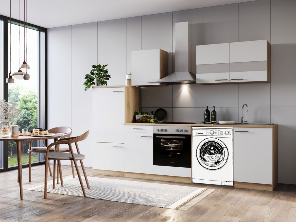 Küche Küchenzeile für Unterbau Waschmaschine Eiche Weiß Merle 280 cm Respekta