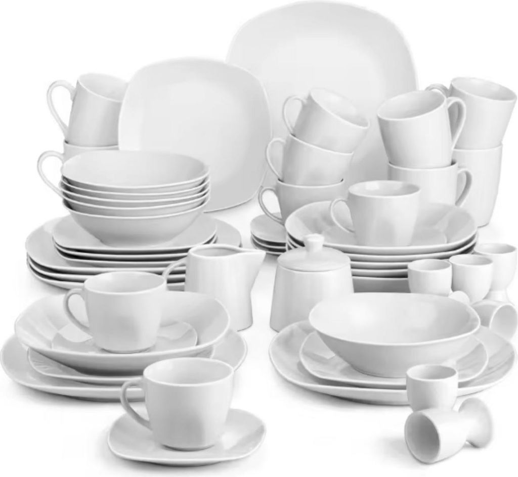 Monarchial Serviesset – 50-teilig – 6 Personen – Weiß Keramik – Frühstücksteller – Elegant & Zeitlos